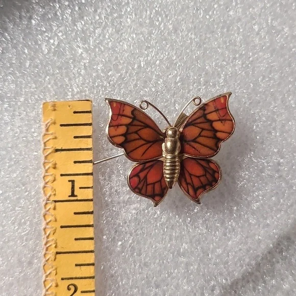 Vintage gold tone enamel orange black butterfly brooch pin / necklace pe… - Picture 14 of 17